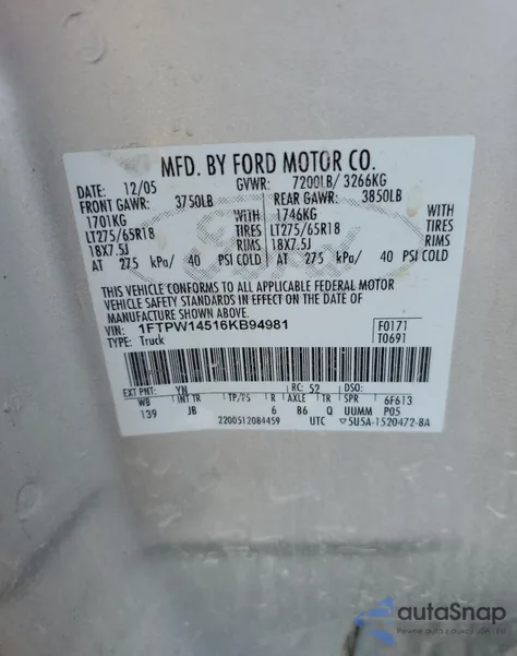 2006 Ford F150 Supercrew from USA, damaged, VIN 1FTPW14516KB94981